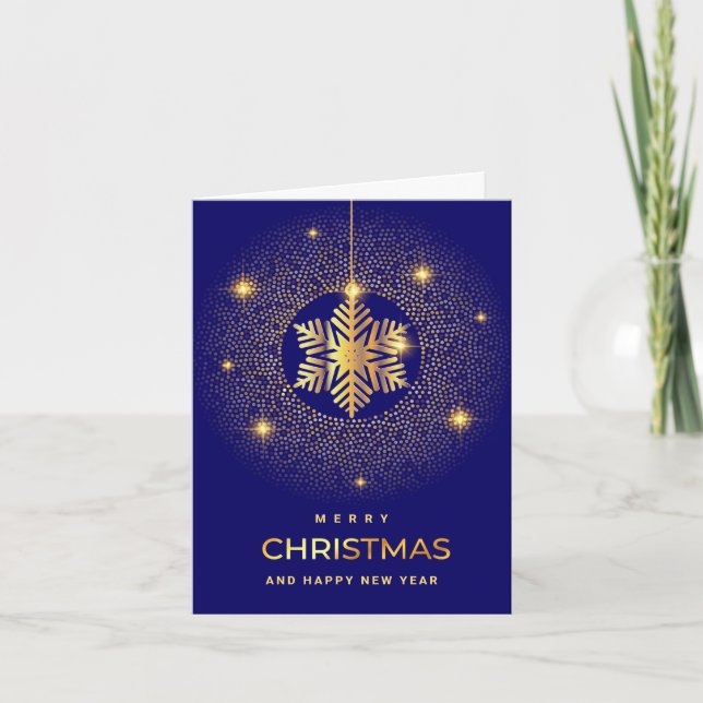 Golden Blue Christmas Ornament Corporate Greeting Holiday Card (Front)