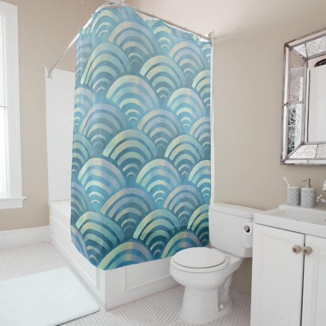 Golden Blue Fish Scales Pattern Shower Curtain (In Situ)