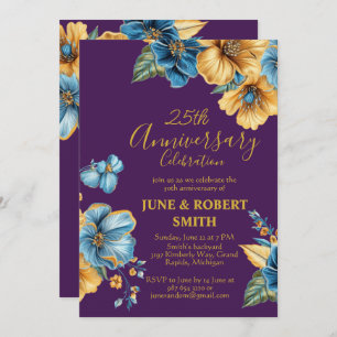 Golden Blue floral 25th wedding anniversary Invitation