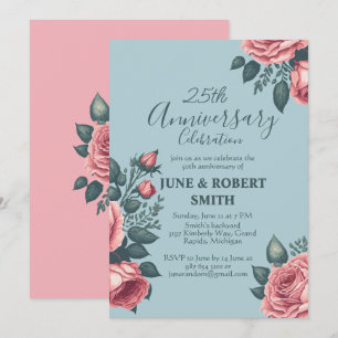 Golden Blue floral 25th wedding anniversary Invitation