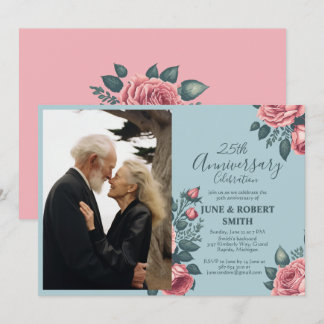 Golden Blue floral 25th wedding anniversary Invitation