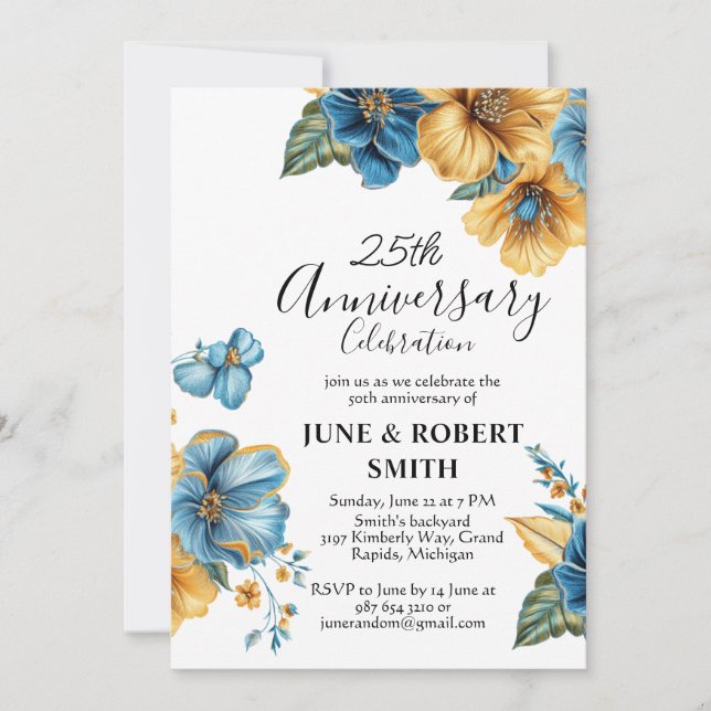 Golden Blue floral 25th wedding anniversary Invitation (Front)