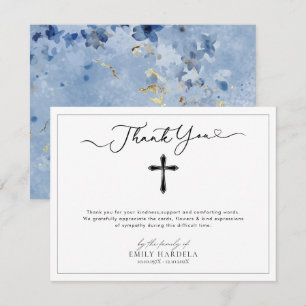 Golden Blue Floral Funeral Script Thank You Card