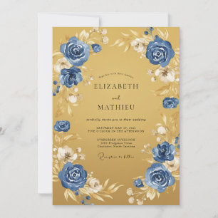 Golden Blue Floral Romance Wedding Invitation