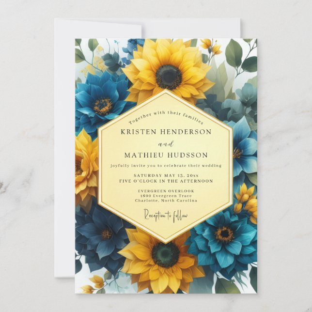Golden Blue Floral Romance Wedding Invitation (Front)