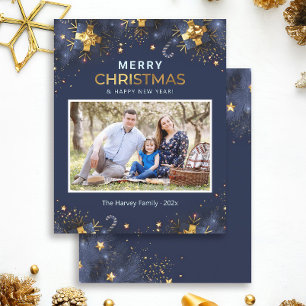 Golden Blue Merry Christmas Photo Card