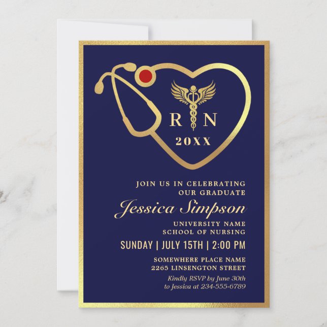 Golden Blue Modern Nursing School Graduation Party Invitation (Front)