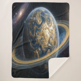 Golden Blue Planet with rings Sherpa Blanket