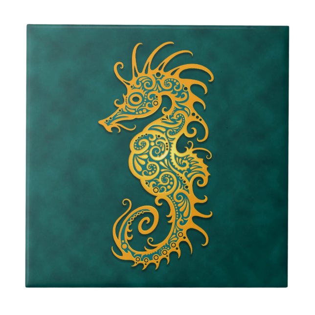 Golden Blue Tribal Seahorse Tile (Front)