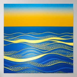 Golden Blue Waves at Sunset Poster