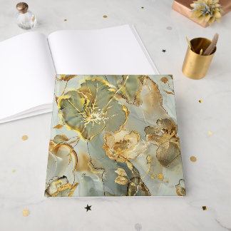 Golden Blues Grays Ink Floral Watercolor Guest Book