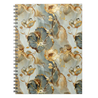 Golden Blues Grays Ink Floral Watercolor Notebook