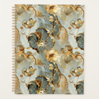 Golden Blues Grays Ink Floral Watercolor Planner