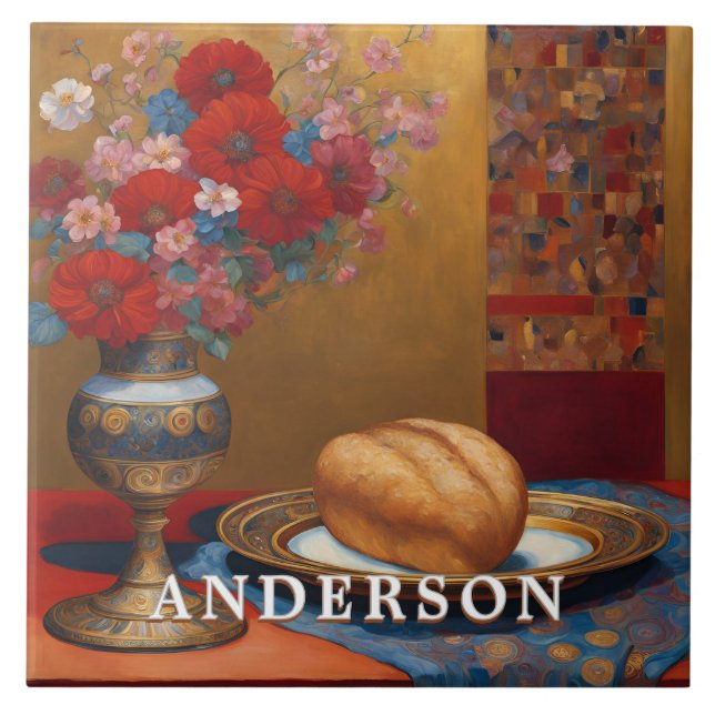 Golden Boho Flower Vase Still Life Tile (Front)