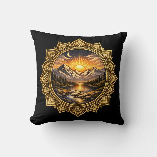 Golden Boho Mandala Mountain Sunset Art | Black Cushion (Front)