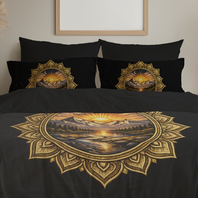 Golden Boho Mandala Mountain Sunset Art | Black Pillowcase (Creator Uploaded)