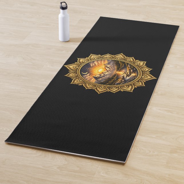 Golden Boho Mandala Mountain Sunset Art | Black Yoga Mat (In Situ)