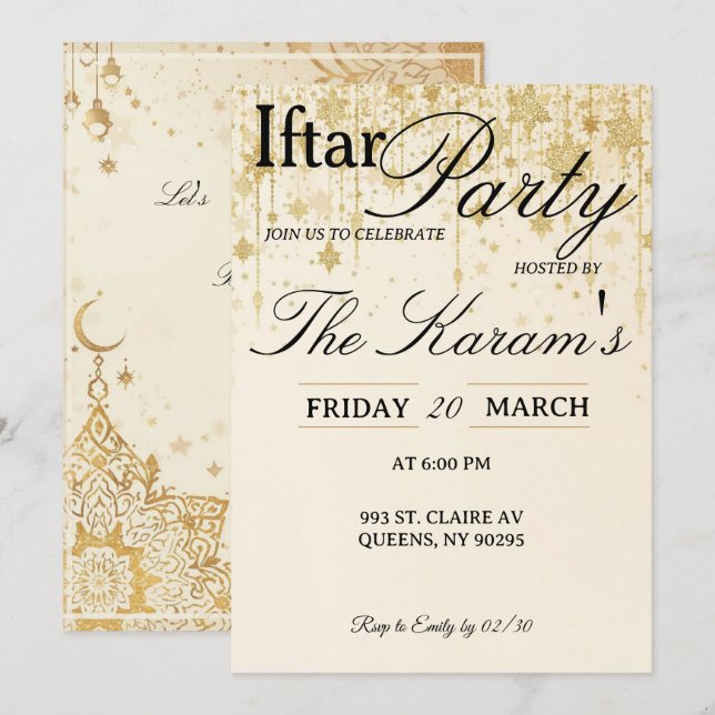 Golden Boho Minimalist Mosque Ramadan Iftar Party  Invitation (Front/Back)