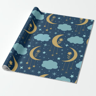 Golden Boho Moon With Flowers Clouds Wrapping Paper