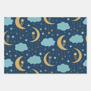 Golden Boho Moon With Flowers Clouds  Wrapping Paper Sheet