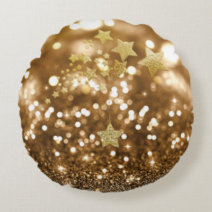 Golden Bokeh Faux Glitter & Stars Round Cushion
