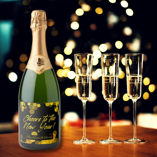 Golden Bokeh Lights Cheers to New Year Sparkling Wine Label (Creator Uploaded)