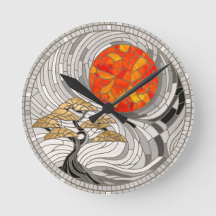 Golden Bonsai Sunrise Mosaic Round Clock