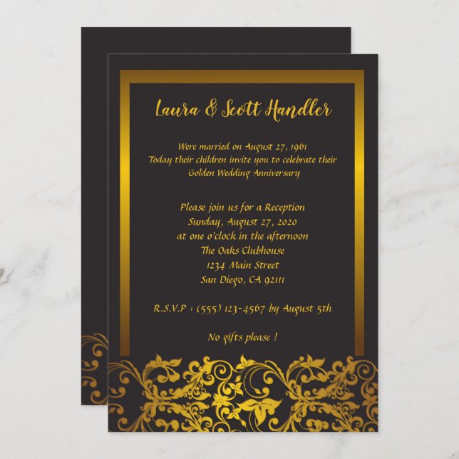 Golden border 50th Wedding Anniversary Invitation (Front/Back)