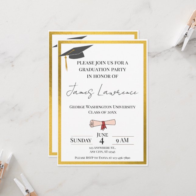 Golden Border Graduation  Invitation (Front/Back In Situ)