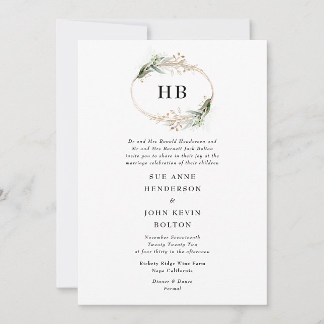 Golden Botanical Eucalyptus Wreath Monogram Green Invitation (Front)