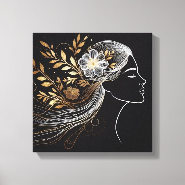 Golden Botanical Flowing Hair Line Portrait Canvas Print (Front)