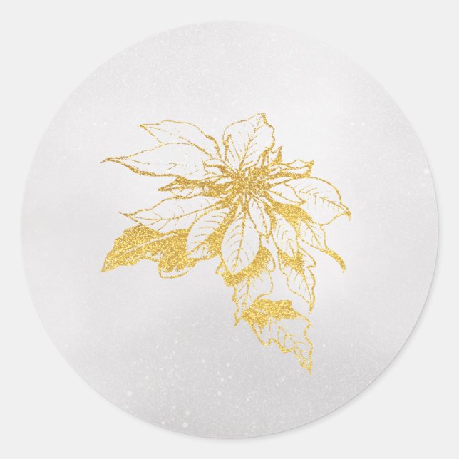 Golden Botanical Holiday Poinsettia Classic Round Sticker (Front)