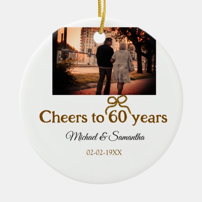 Golden bow cheers to 60 years anniversary wedding  ceramic tree decoration (Front)