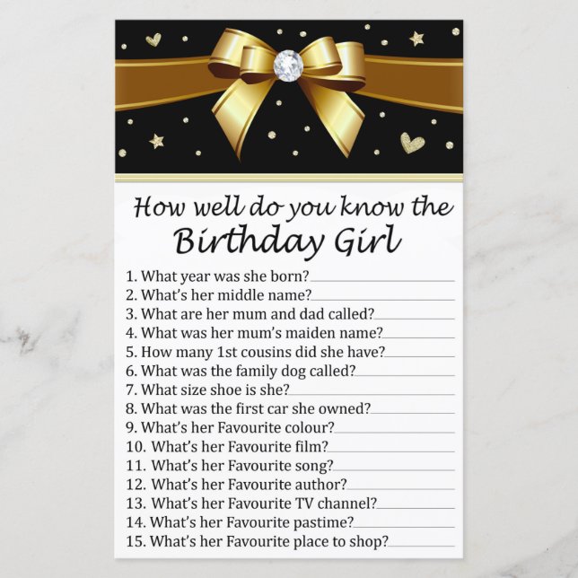 Golden bow How well do you know the birthday girl (Front)