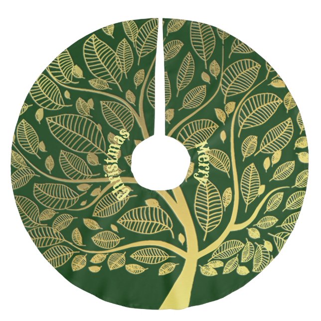 Golden Branch Greenery Foliage Merry Christmas Fun Brushed Polyester Tree Skirt (Front)