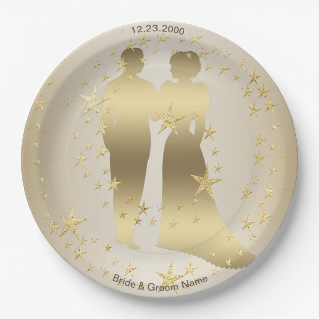 Golden Bride And Groom Wedding Party Paper Plate (Front)