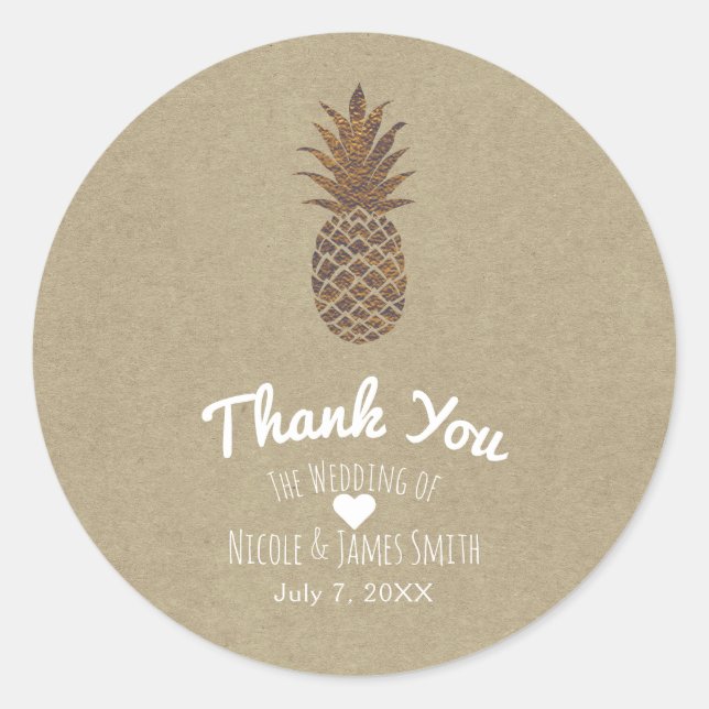 Golden Bronze Pineapple Kraft Natural Tropical Classic Round Sticker (Front)