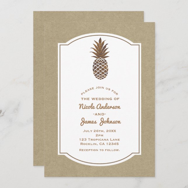 Golden Bronze Pineapple Kraft Natural Tropical Invitation (Front/Back)