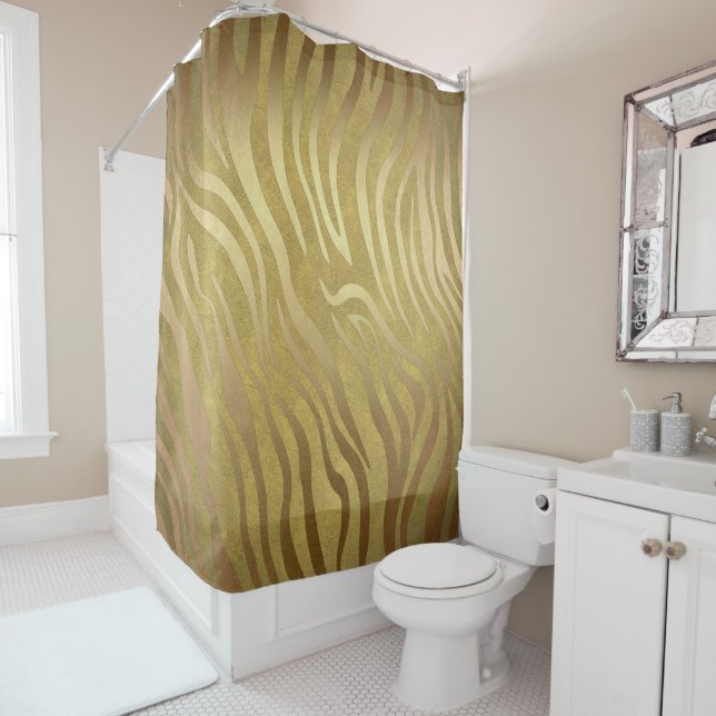 Golden Bronze Zebra Print Jungle Safari Glam Shower Curtain (In Situ)
