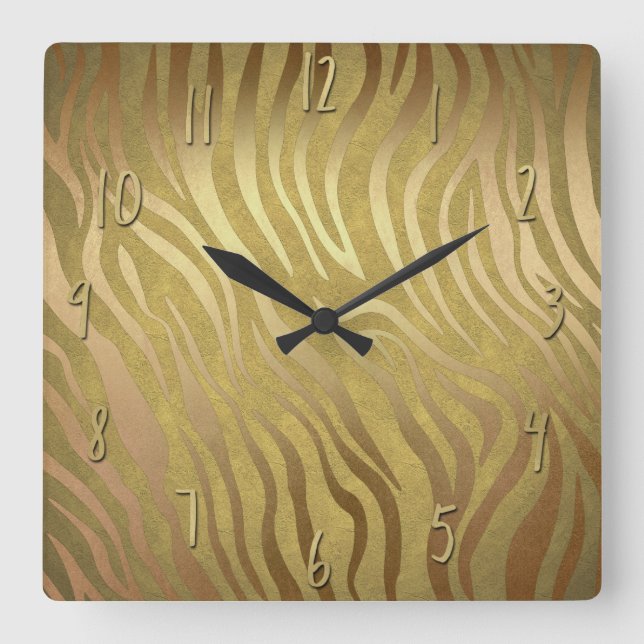Golden Bronze Zebra Print Jungle Safari Glam Square Wall Clock (Front)