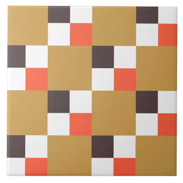 Golden Brown and Coral Chequered Pattern Tile (Front)