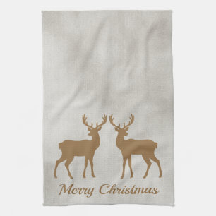 Golden Brown Deer Shapes On Faux Velvet Texture Tea Towel