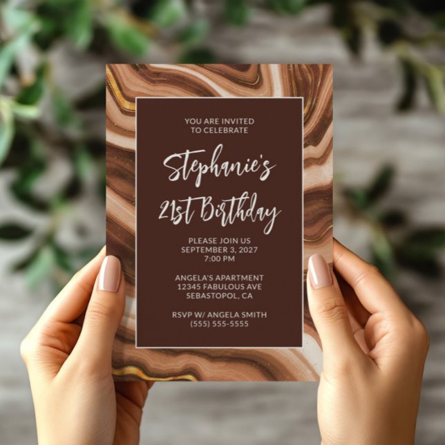 Golden Brown Faux Agate Bold 21st Birthday Invitation (Golden Brown Faux Agate Bold 21st Birthday Invitation)