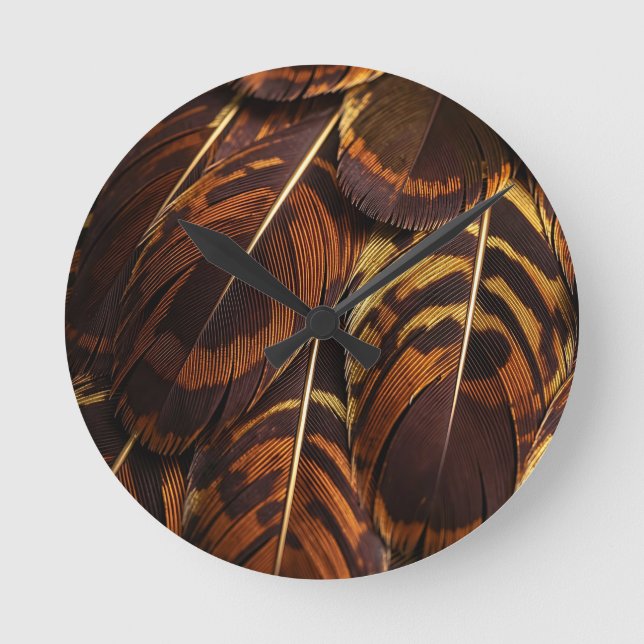 Golden Brown Feather Macro Pattern Closeup Round Clock (Front)
