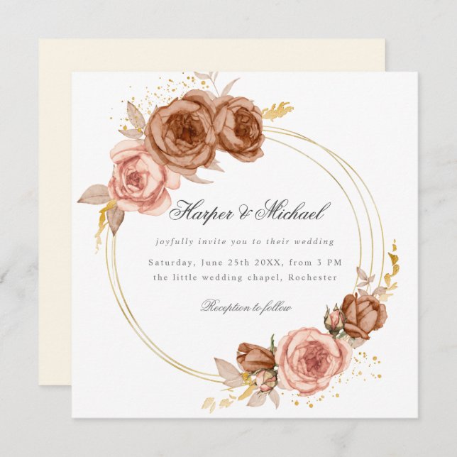 golden brown roses wreath wedding invitation (Front/Back)