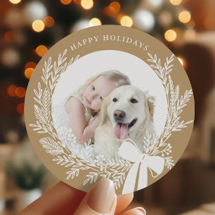 Golden Brown & White Christmas Wreath Photo Classic Round Sticker