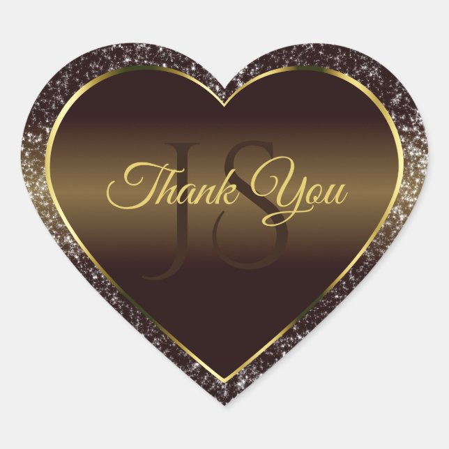 Golden Brown with Glitter Initials Cute Thank You Heart Sticker (Front)