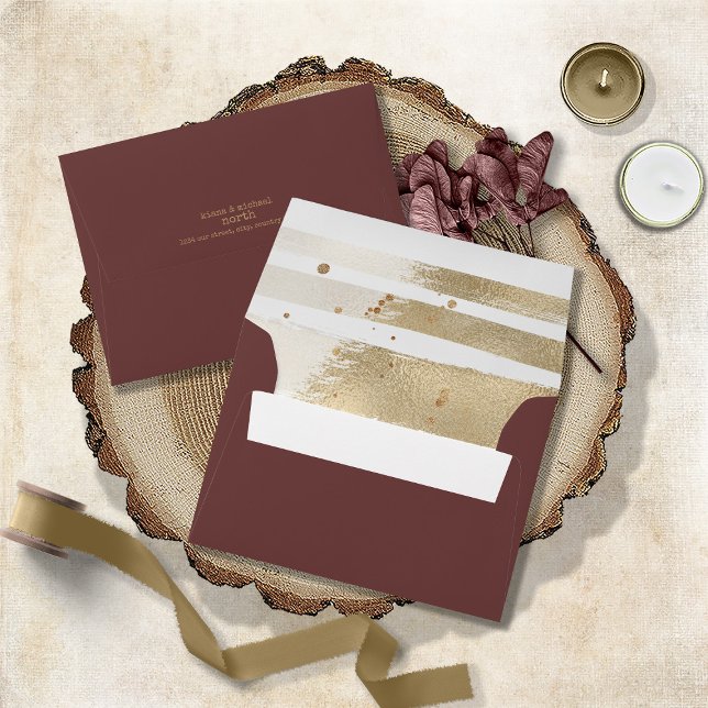 Golden Brush Stroke Stripes Wedding Burgundy ID655 Envelope (Creator Uploaded)