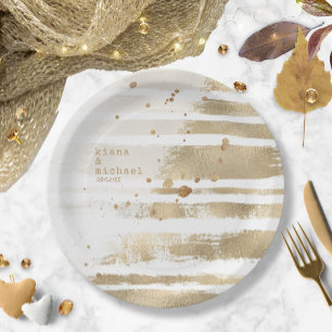 Golden Brush Stroke Stripes Wedding ID655 Paper Plate