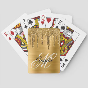 Golden Brushed Foil Glitter Drip Fancy Monogram Playing Cards